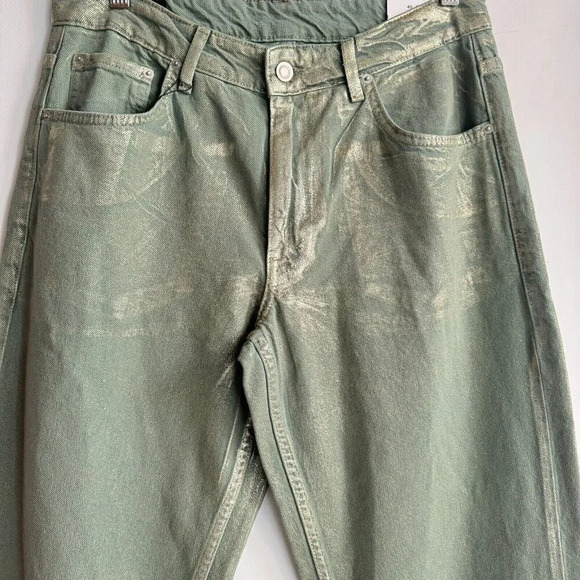 Zara Green Metallic Relaxed Baggy Jeans 31 - Picture 2 of 5
